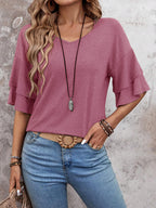 Rose-Women's Shirt Ruffle Sleeve T-Shirt V-Neck Double Layer Bell Sleeve Top