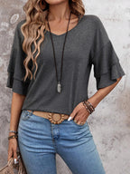 Grey-Women's Shirt Ruffle Sleeve T-Shirt V-Neck Double Layer Bell Sleeve Top