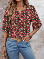 Floral Red White-Women's Shirt Ruffle Sleeve T-Shirt V-Neck Double Layer Bell Sleeve Top