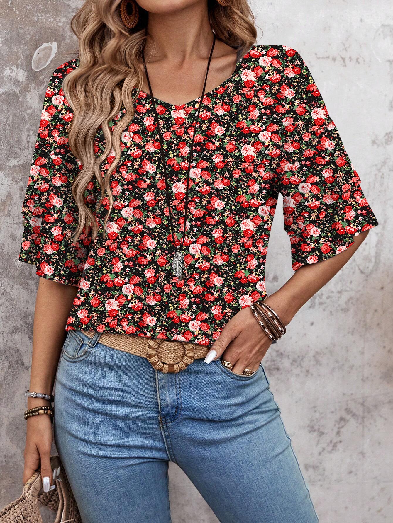 Floral Red White-Women's Shirt Ruffle Sleeve T-Shirt V-Neck Double Layer Bell Sleeve Top