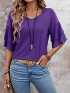 Purple - Women's Shirt Ruffle Sleeve T-Shirt V-Neck Double Layer Bell Sleeve Top