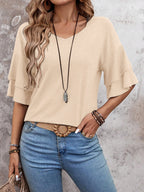 Apricot-Women's Shirt Ruffle Sleeve T-Shirt V-Neck Double Layer Bell Sleeve Top