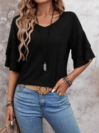 Black - Women's Shirt Ruffle Sleeve T-Shirt V-Neck Double Layer Bell Sleeve Top