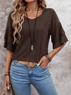 Coffee Brown-Women's Shirt Ruffle Sleeve T-Shirt V-Neck Double Layer Bell Sleeve Top