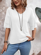 White - Women's Shirt Ruffle Sleeve T-Shirt V-Neck Double Layer Bell Sleeve Top