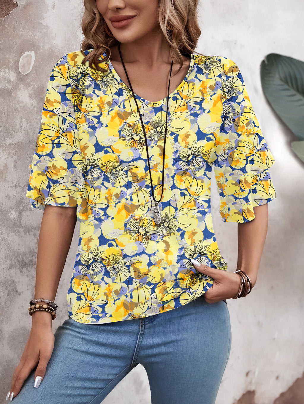 Floral Yellow-Women's Shirt Ruffle Sleeve T-Shirt V-Neck Double Layer Bell Sleeve Top
