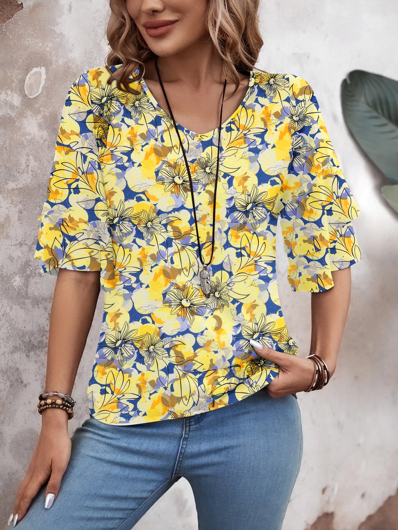 Floral Yellow-Women's Shirt Ruffle Sleeve T-Shirt V-Neck Double Layer Bell Sleeve Top