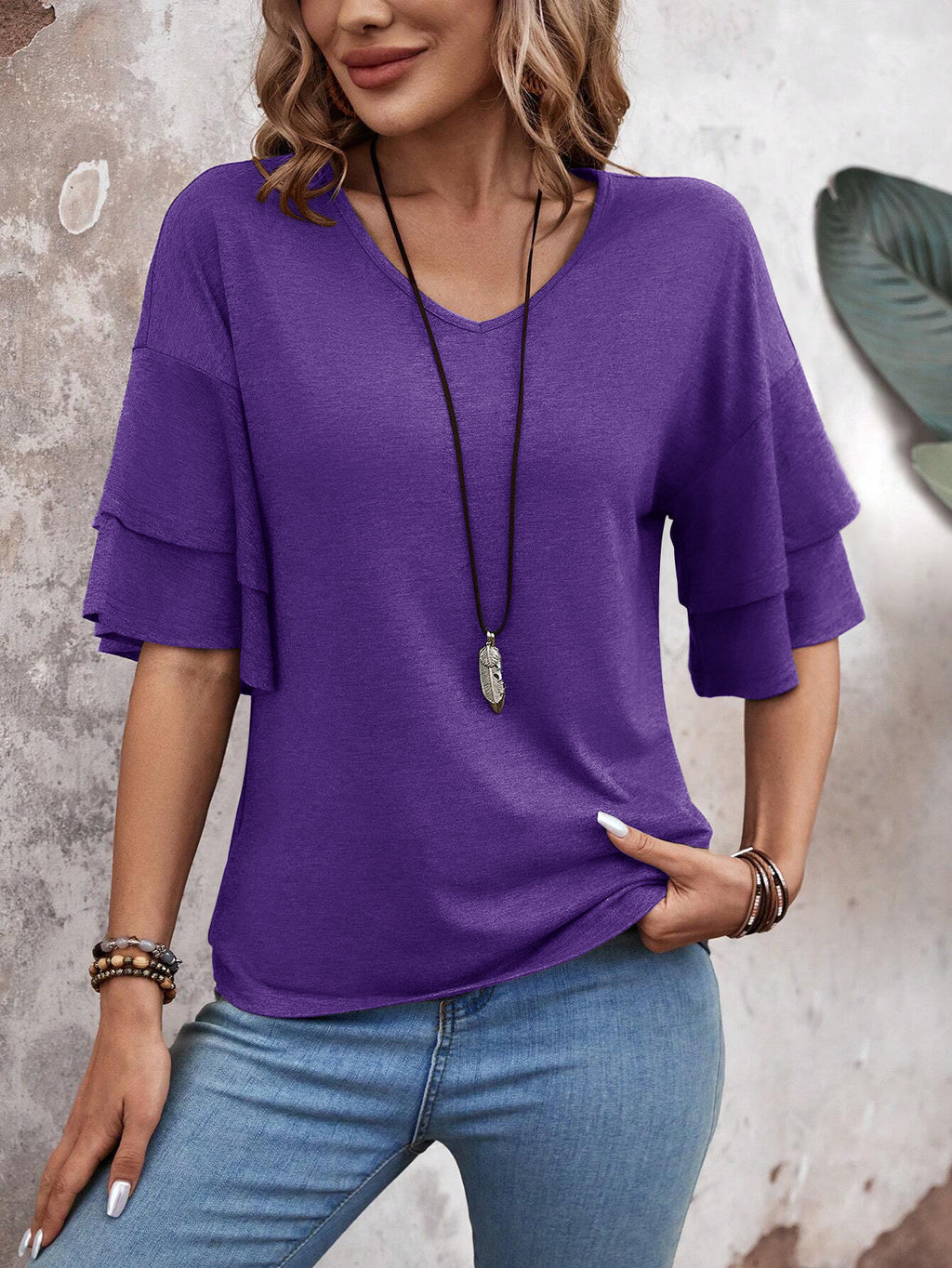 Purple - Women's Shirt Ruffle Sleeve T-Shirt V-Neck Double Layer Bell Sleeve Top
