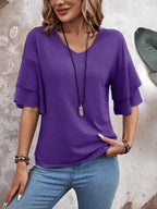 Purple - Women's Shirt Ruffle Sleeve T-Shirt V-Neck Double Layer Bell Sleeve Top