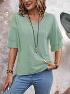 Grass Green-Women's Shirt Ruffle Sleeve T-Shirt V-Neck Double Layer Bell Sleeve Top