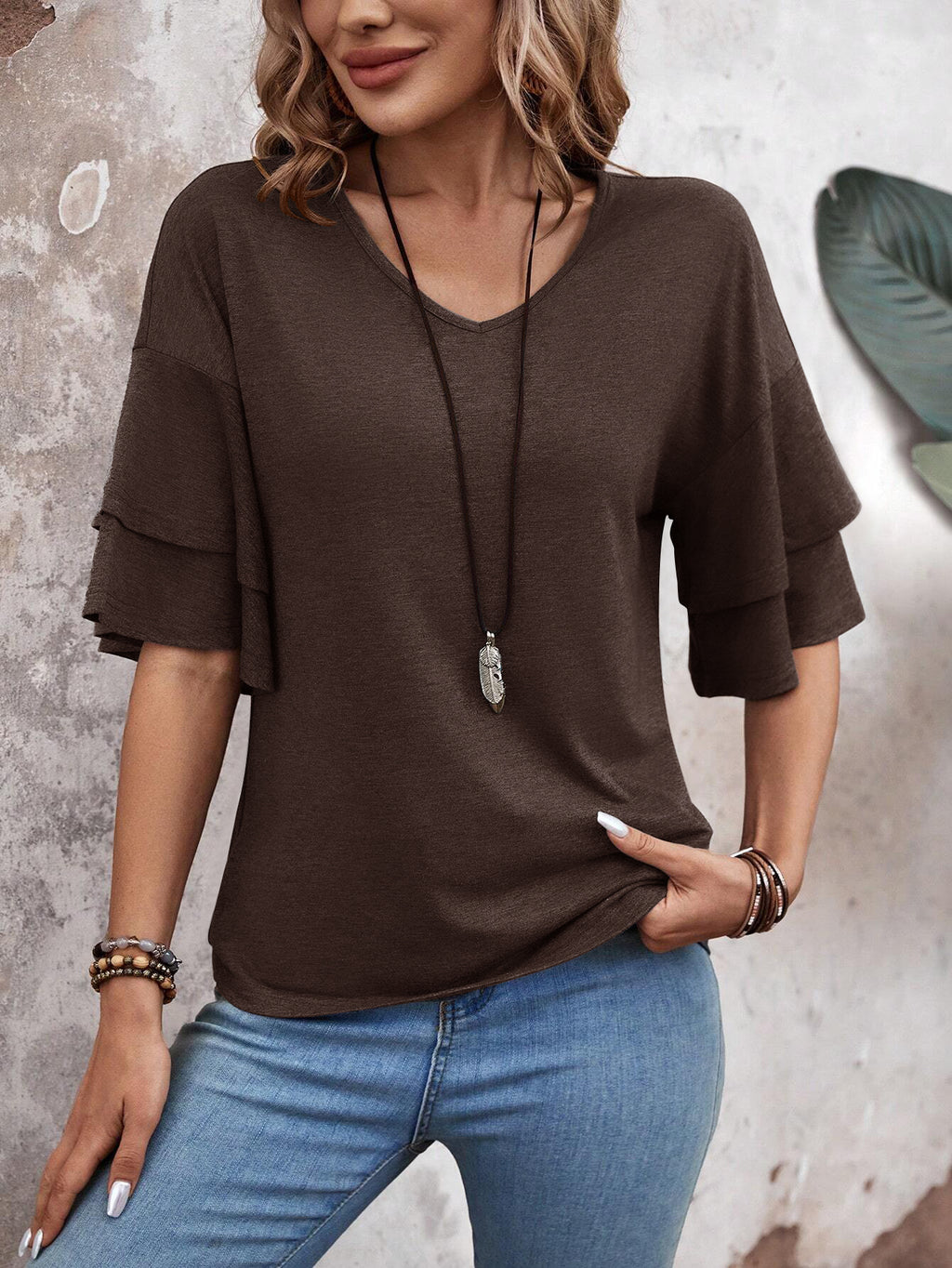Coffee Brown-Women's Shirt Ruffle Sleeve T-Shirt V-Neck Double Layer Bell Sleeve Top
