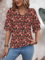 Floral Red White-Women's Shirt Ruffle Sleeve T-Shirt V-Neck Double Layer Bell Sleeve Top