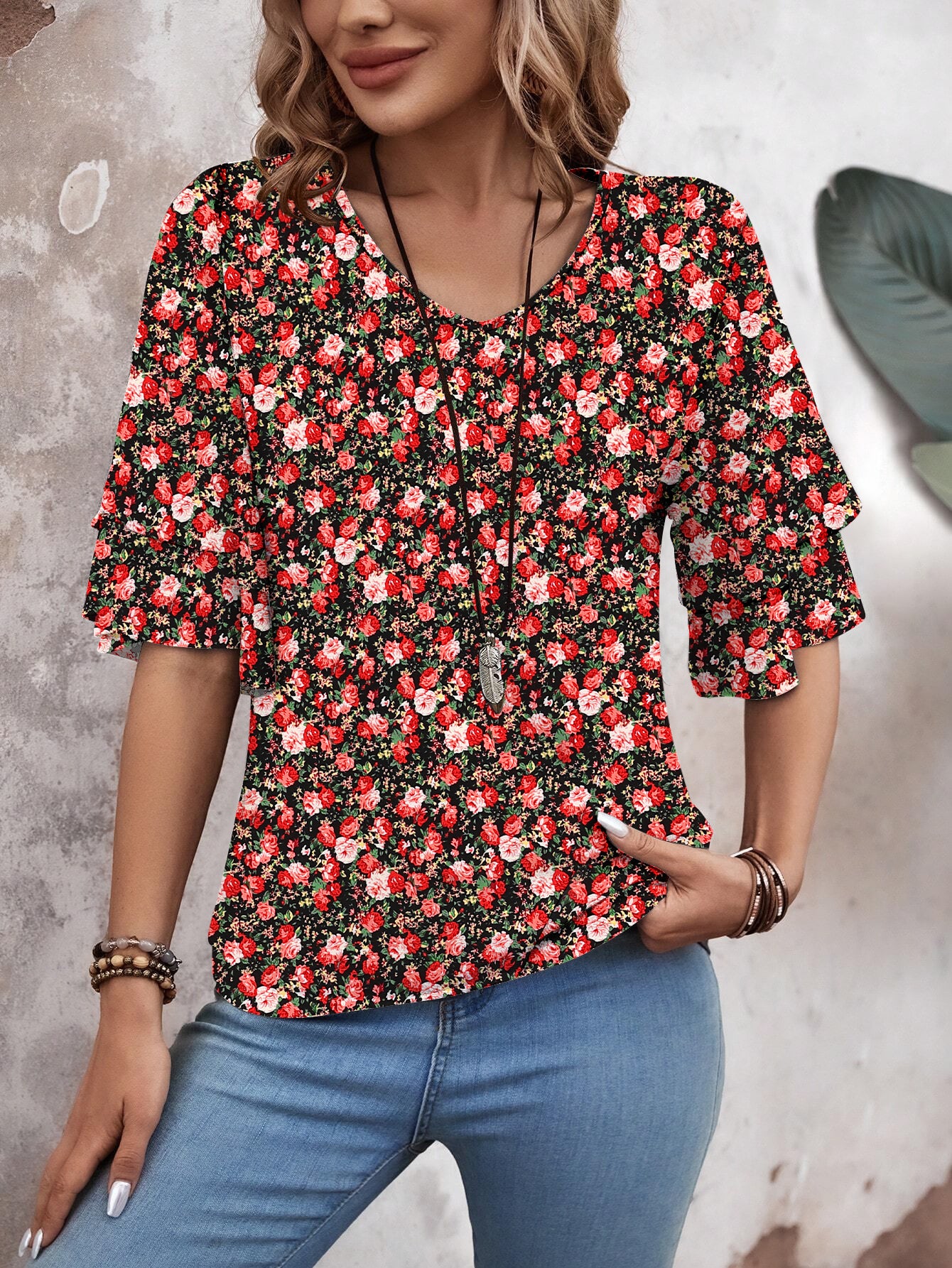 Floral Red White-Women's Shirt Ruffle Sleeve T-Shirt V-Neck Double Layer Bell Sleeve Top