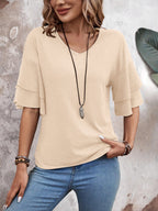 Apricot-Women's Shirt Ruffle Sleeve T-Shirt V-Neck Double Layer Bell Sleeve Top