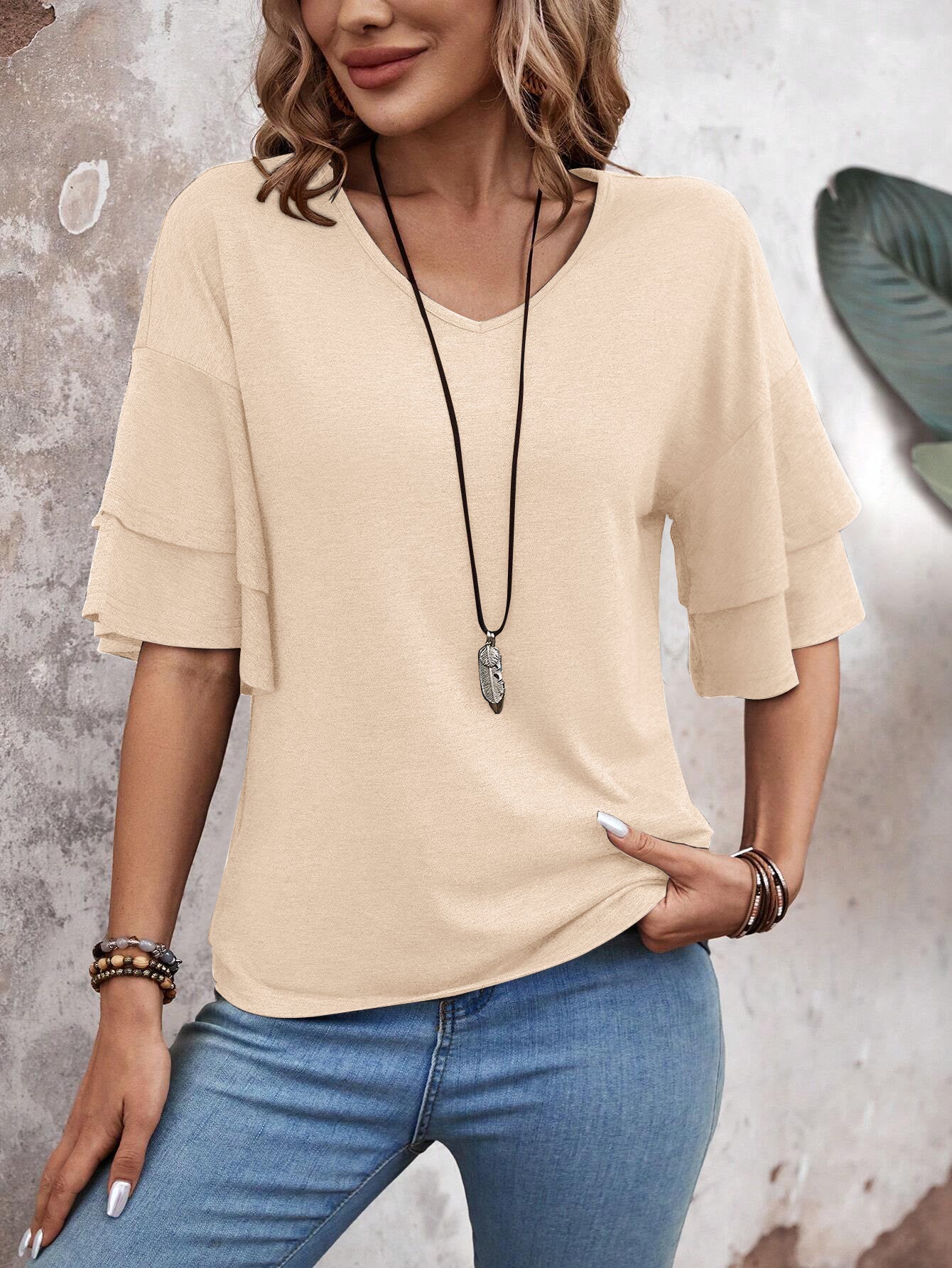Apricot-Women's Shirt Ruffle Sleeve T-Shirt V-Neck Double Layer Bell Sleeve Top