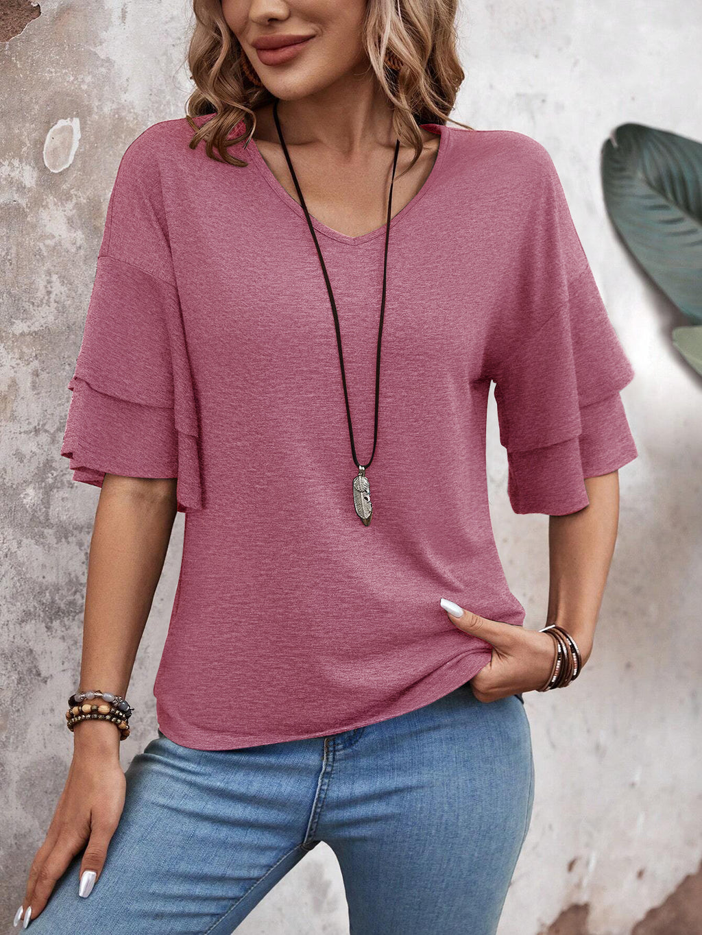Rose-Women's Shirt Ruffle Sleeve T-Shirt V-Neck Double Layer Bell Sleeve Top