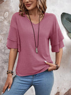 Rose-Women's Shirt Ruffle Sleeve T-Shirt V-Neck Double Layer Bell Sleeve Top