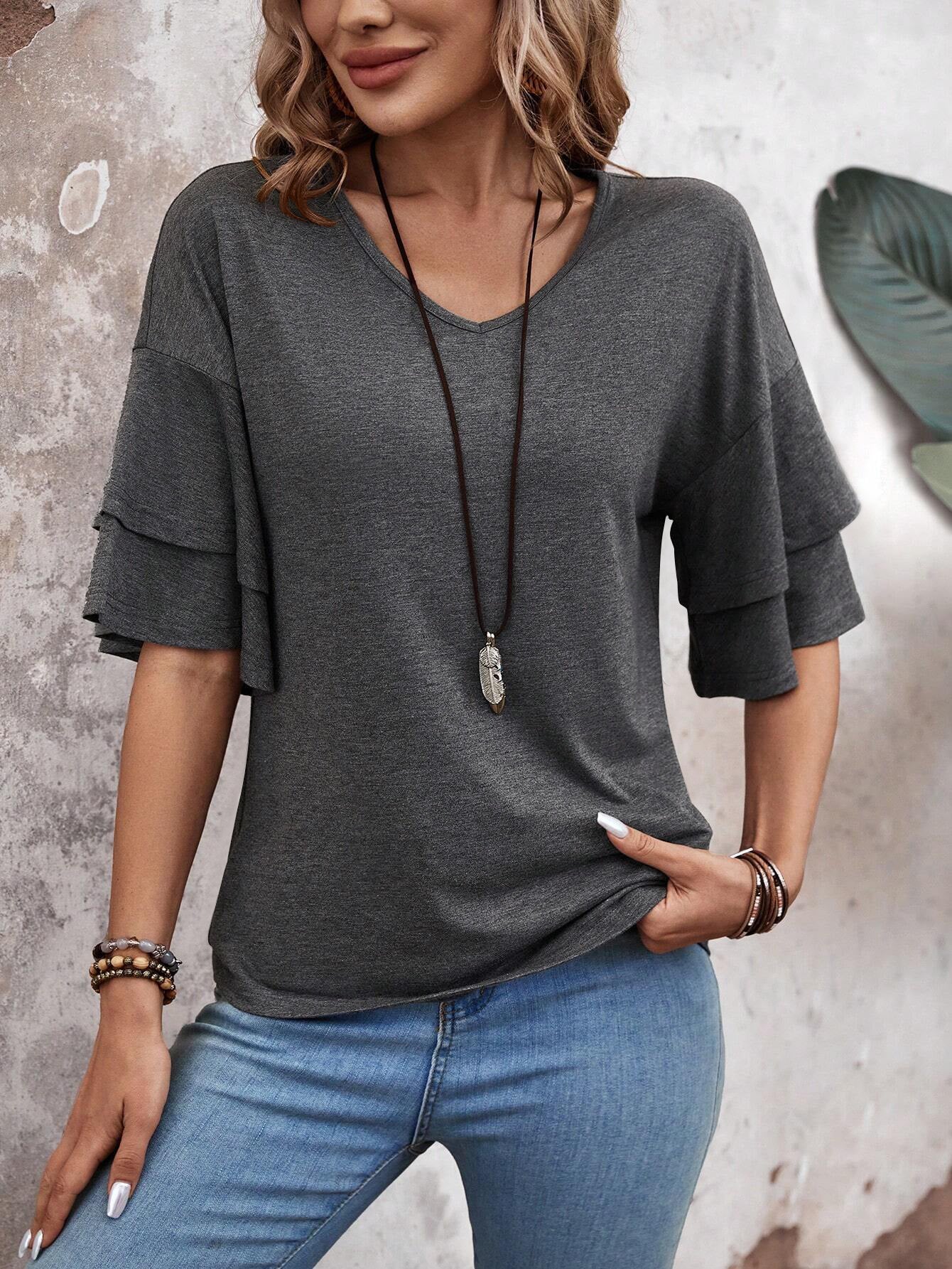 Grey-Women's Shirt Ruffle Sleeve T-Shirt V-Neck Double Layer Bell Sleeve Top