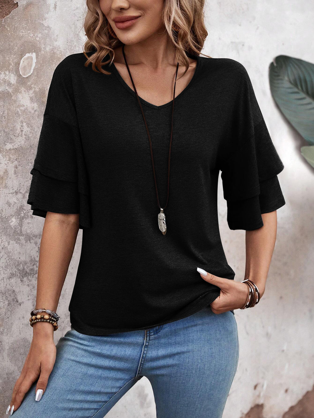 Black - Women's Shirt Ruffle Sleeve T-Shirt V-Neck Double Layer Bell Sleeve Top
