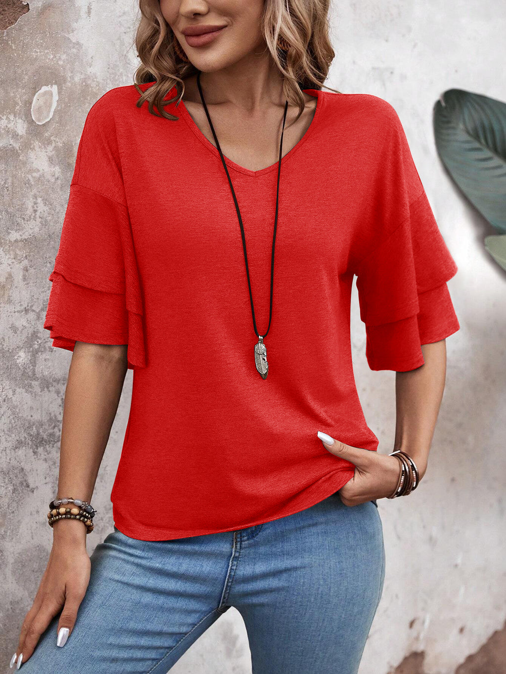 Red - Women's Shirt Ruffle Sleeve T-Shirt V-Neck Double Layer Bell Sleeve Top
