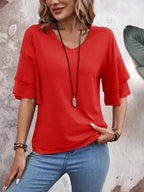 Red - Women's Shirt Ruffle Sleeve T-Shirt V-Neck Double Layer Bell Sleeve Top