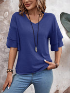 Navy Blue-Women's Shirt Ruffle Sleeve T-Shirt V-Neck Double Layer Bell Sleeve Top