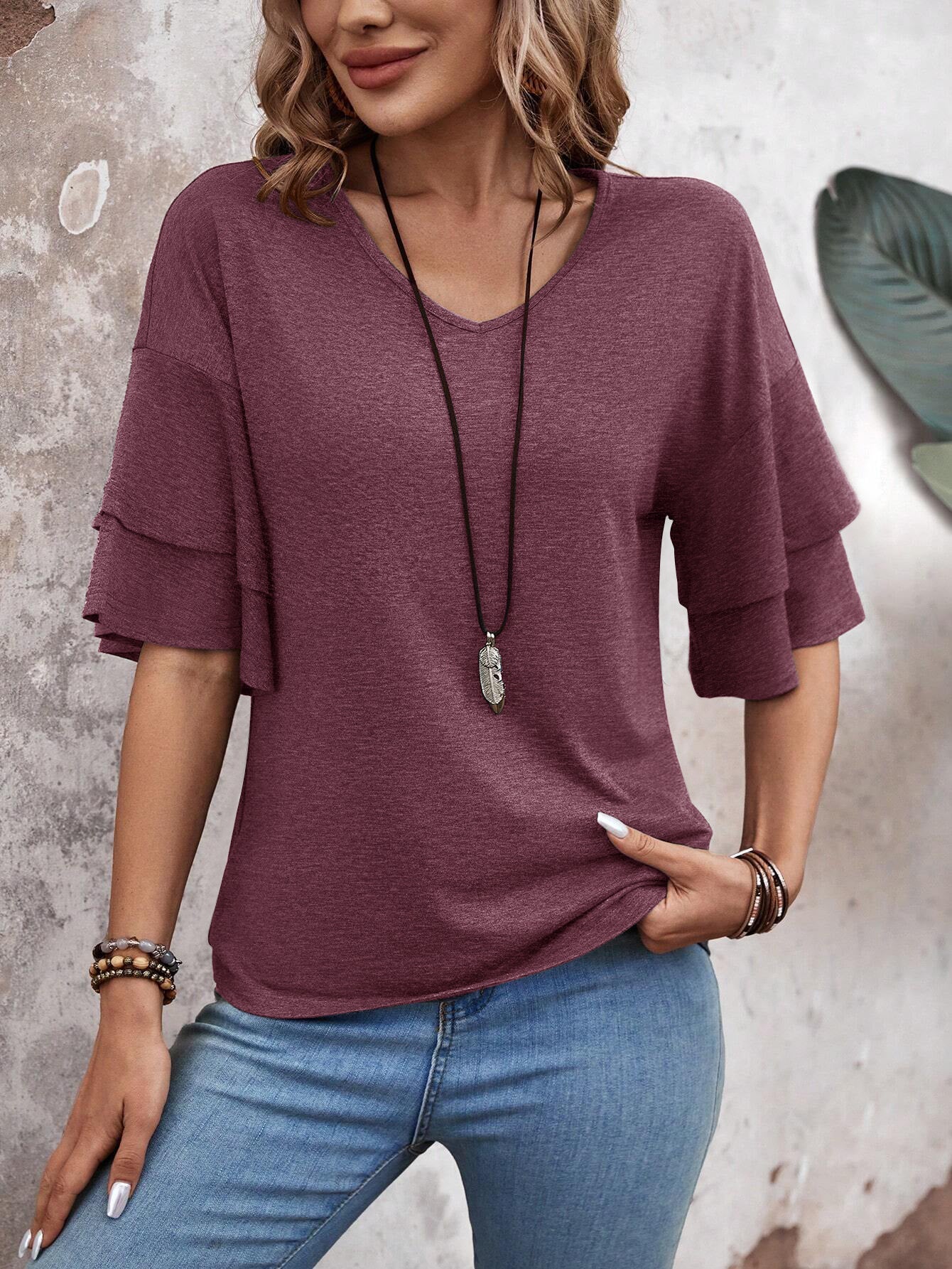Redwood-Women's Shirt Ruffle Sleeve T-Shirt V-Neck Double Layer Bell Sleeve Top