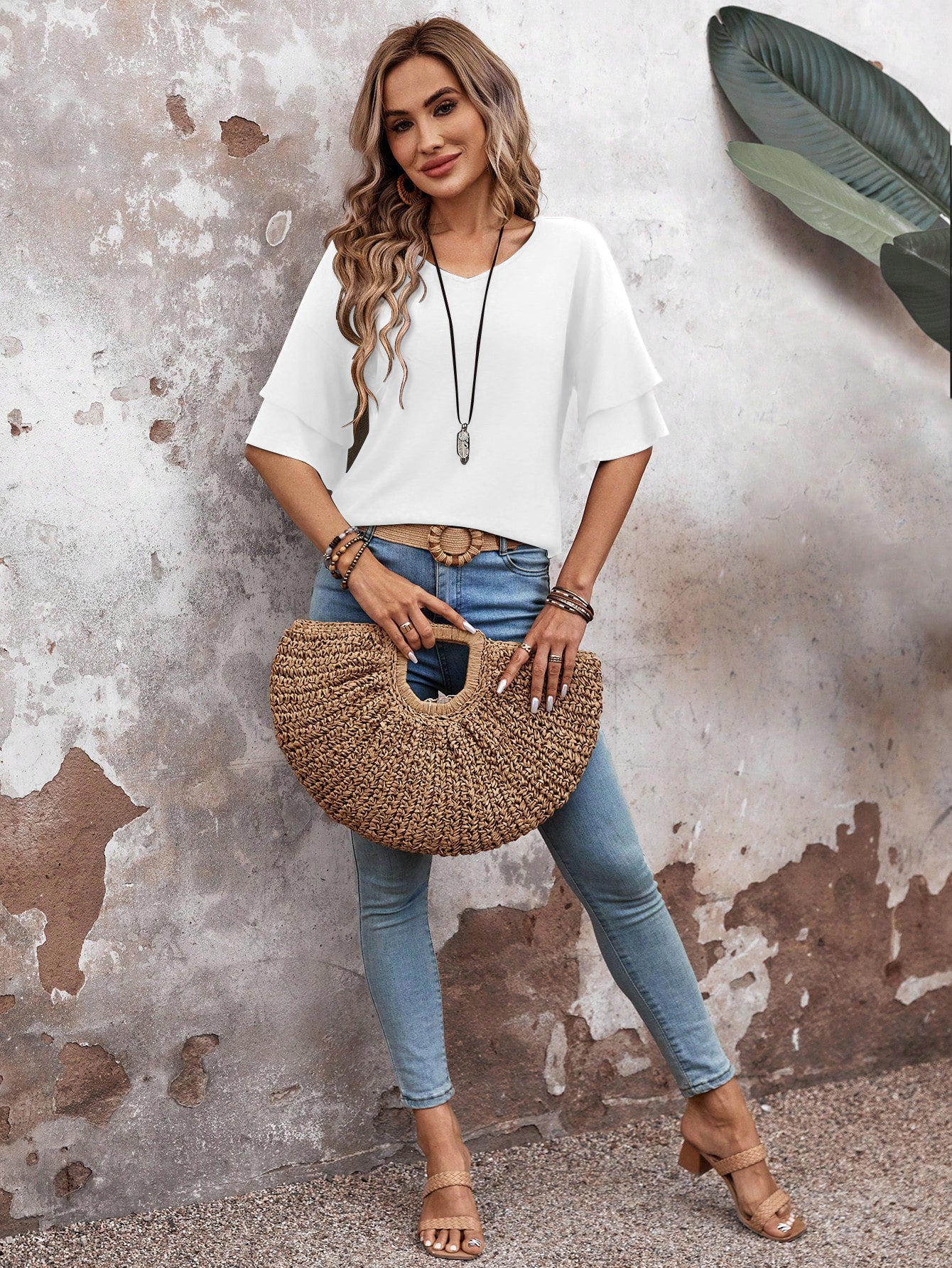 White - Women's Shirt Ruffle Sleeve T-Shirt V-Neck Double Layer Bell Sleeve Top