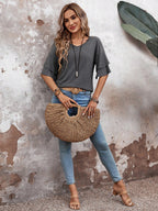 Grey-Women's Shirt Ruffle Sleeve T-Shirt V-Neck Double Layer Bell Sleeve Top