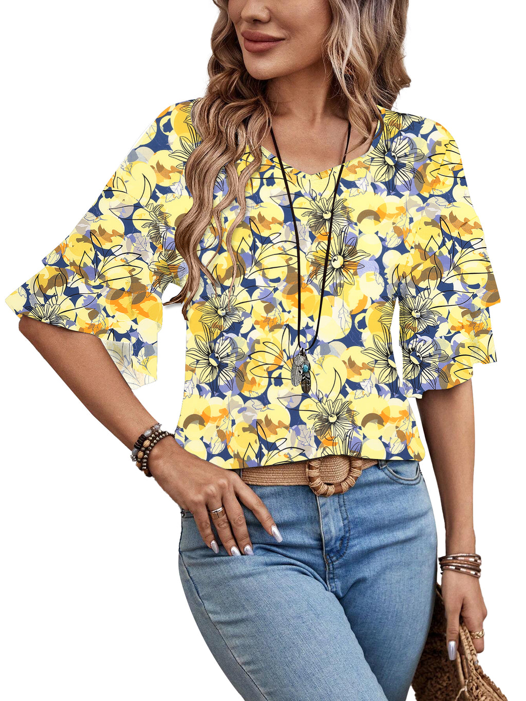 Floral Yellow-Women's Shirt Ruffle Sleeve T-Shirt V-Neck Double Layer Bell Sleeve Top