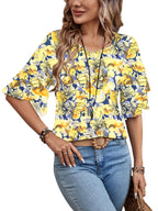 Floral Yellow-Women's Shirt Ruffle Sleeve T-Shirt V-Neck Double Layer Bell Sleeve Top