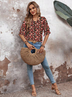 Floral Red White-Women's Shirt Ruffle Sleeve T-Shirt V-Neck Double Layer Bell Sleeve Top