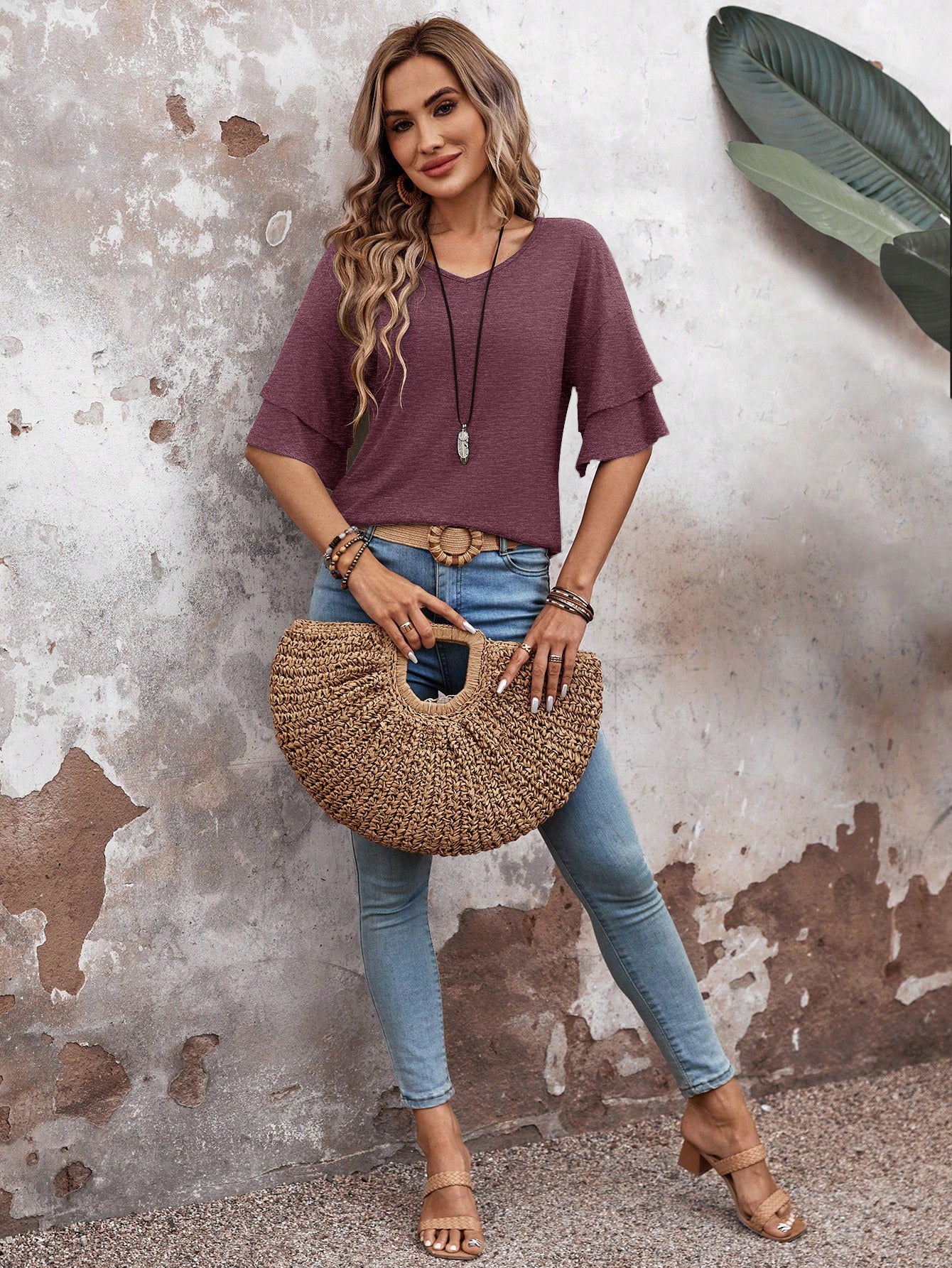 Redwood-Women's Shirt Ruffle Sleeve T-Shirt V-Neck Double Layer Bell Sleeve Top