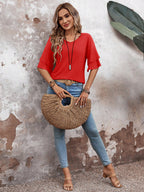 Red - Women's Shirt Ruffle Sleeve T-Shirt V-Neck Double Layer Bell Sleeve Top