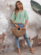 Grass Green-Women's Shirt Ruffle Sleeve T-Shirt V-Neck Double Layer Bell Sleeve Top