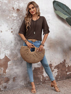 Coffee Brown-Women's Shirt Ruffle Sleeve T-Shirt V-Neck Double Layer Bell Sleeve Top