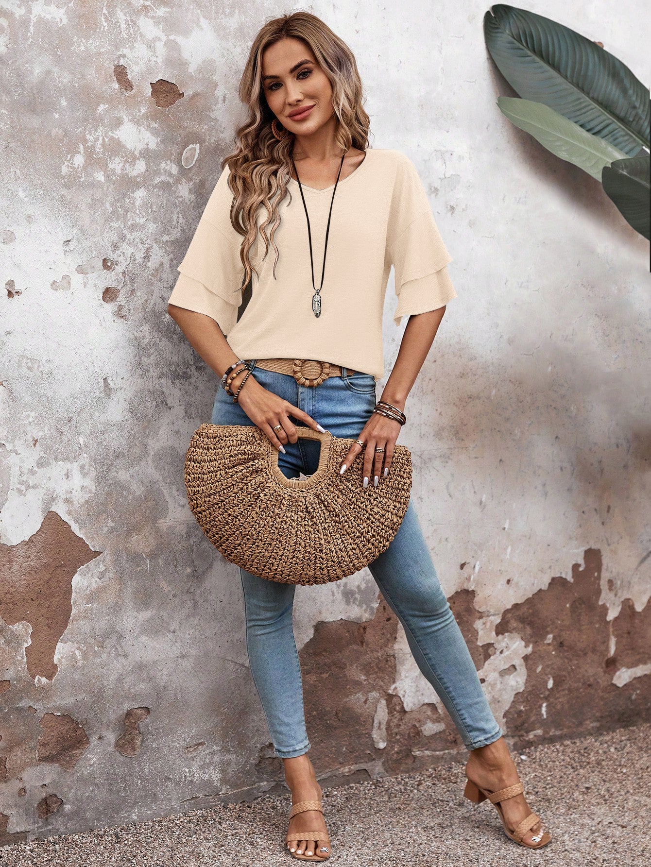 Apricot-Women's Shirt Ruffle Sleeve T-Shirt V-Neck Double Layer Bell Sleeve Top