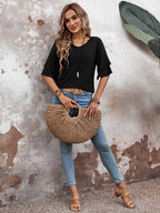 Black - Women's Shirt Ruffle Sleeve T-Shirt V-Neck Double Layer Bell Sleeve Top