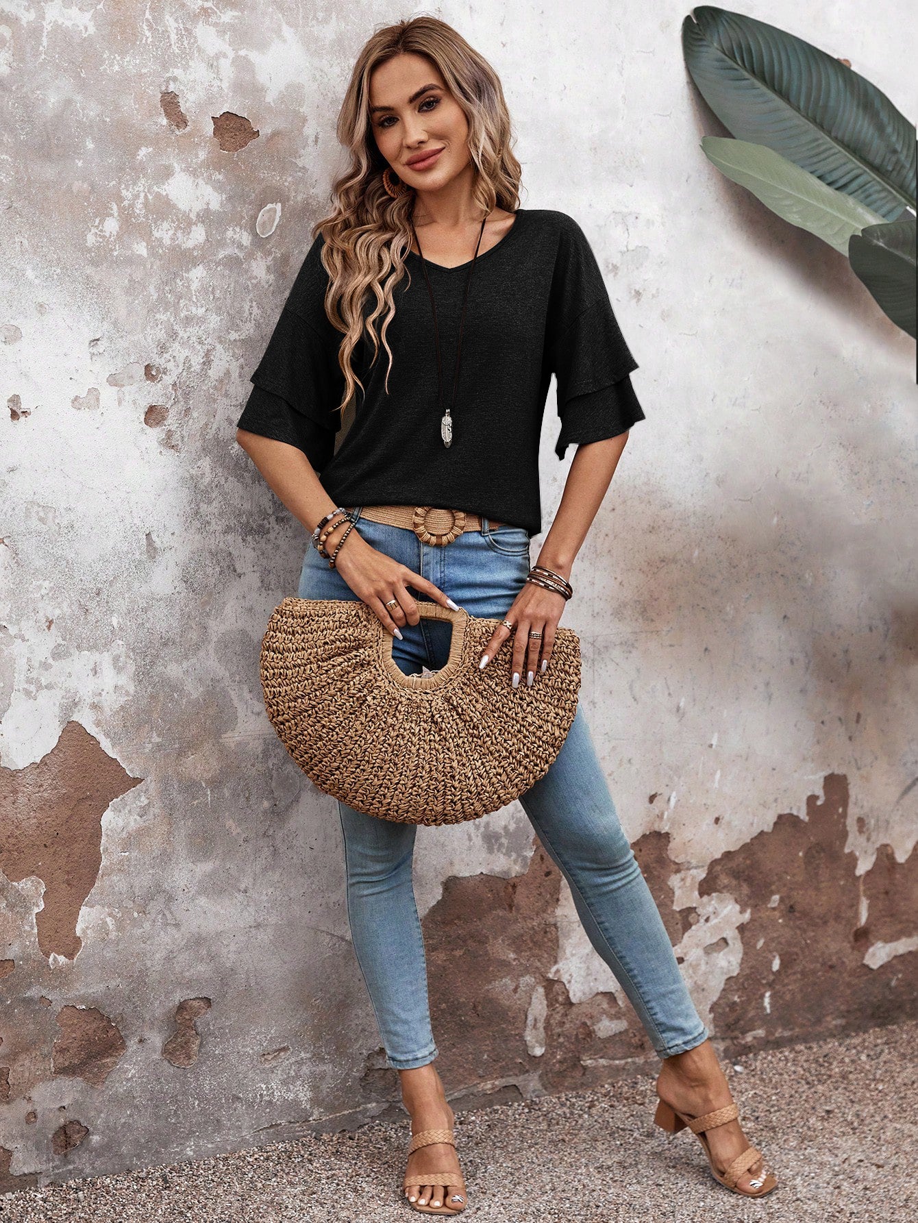 Black - Women's Shirt Ruffle Sleeve T-Shirt V-Neck Double Layer Bell Sleeve Top