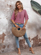 Rose-Women's Shirt Ruffle Sleeve T-Shirt V-Neck Double Layer Bell Sleeve Top