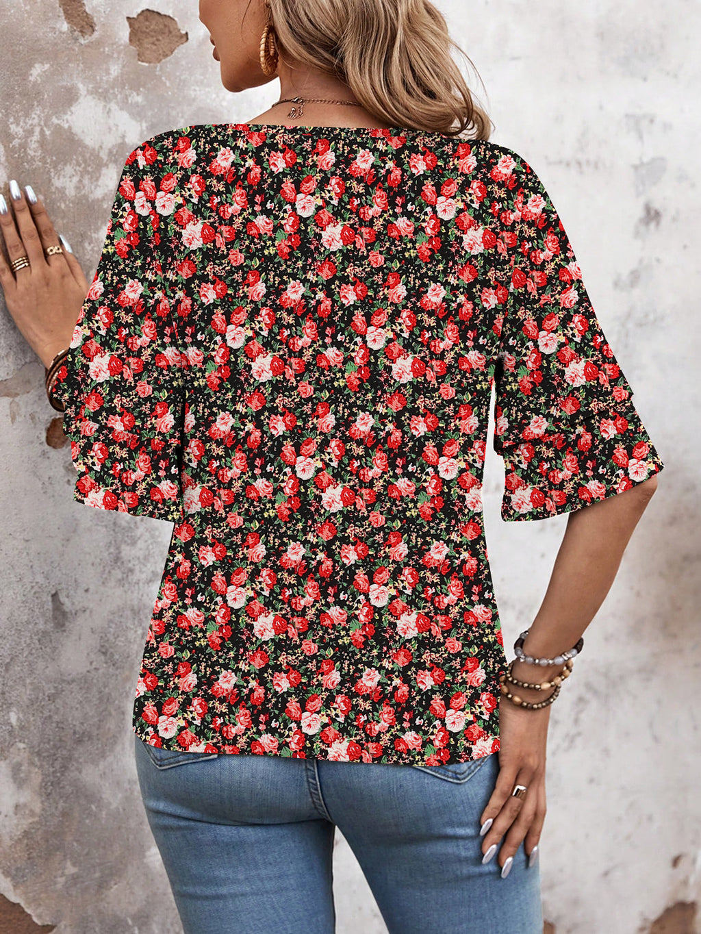 Floral Red White-Women's Shirt Ruffle Sleeve T-Shirt V-Neck Double Layer Bell Sleeve Top