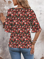 Floral Red White-Women's Shirt Ruffle Sleeve T-Shirt V-Neck Double Layer Bell Sleeve Top