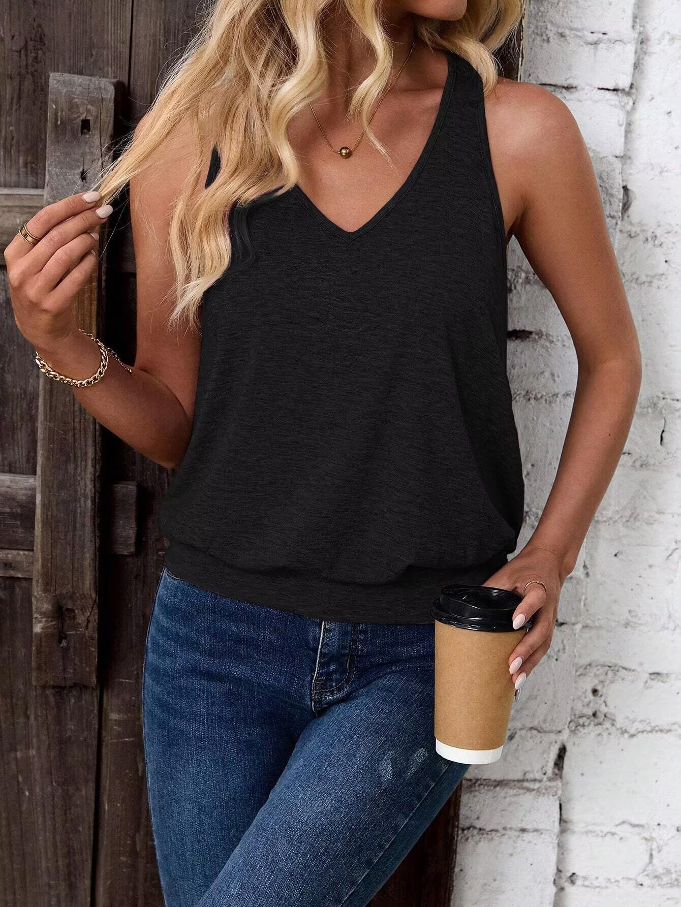 Black-Women's Vest Casual V Neck Sleeveless Fashion Loose Camisole