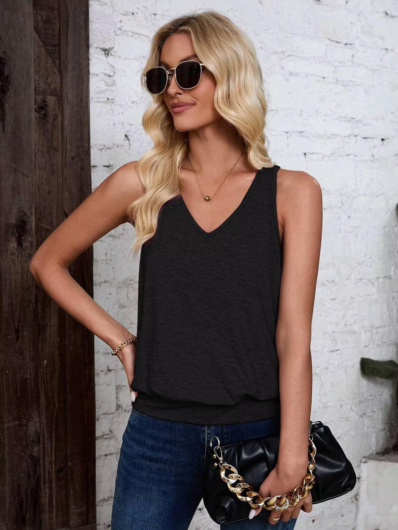 Black-Women's Vest Casual V Neck Sleeveless Fashion Loose Camisole