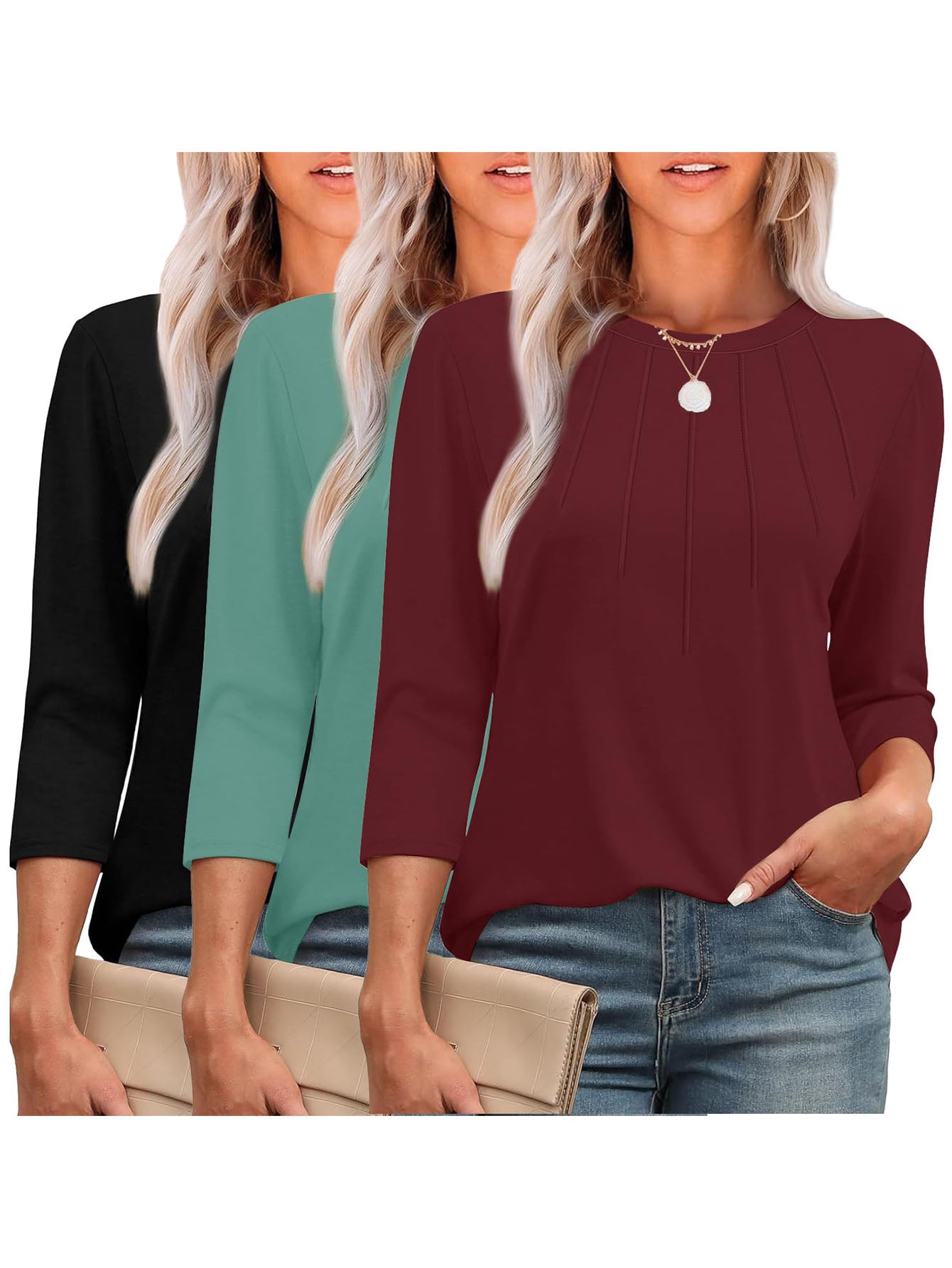 3 Pack-Black + Green + Wine red-3/4 Long Sleeve Women's Casual Spring Summer Autumn Tops