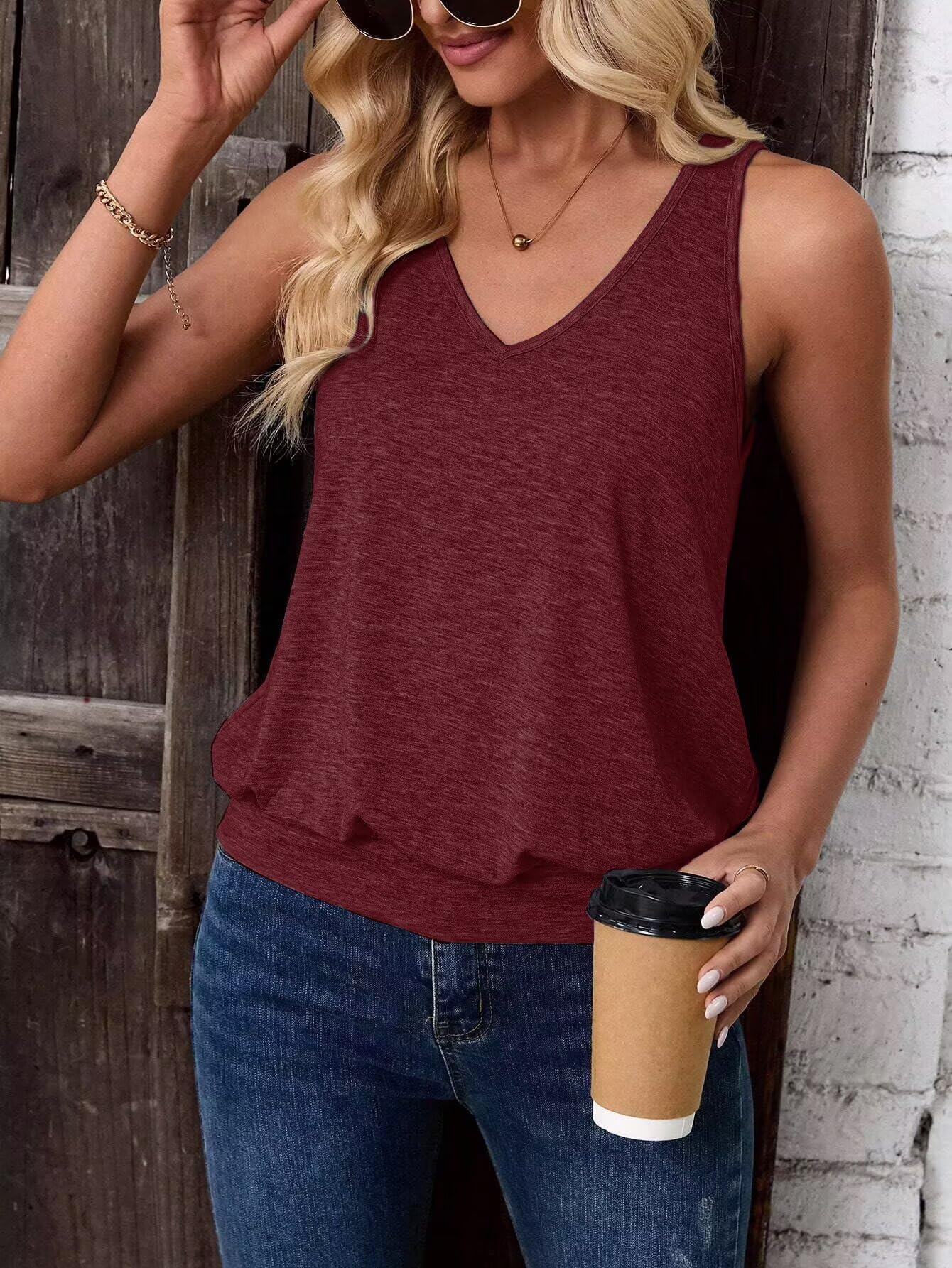 Burgundy-Women's Vest Casual V Neck Sleeveless Fashion Loose Camisole