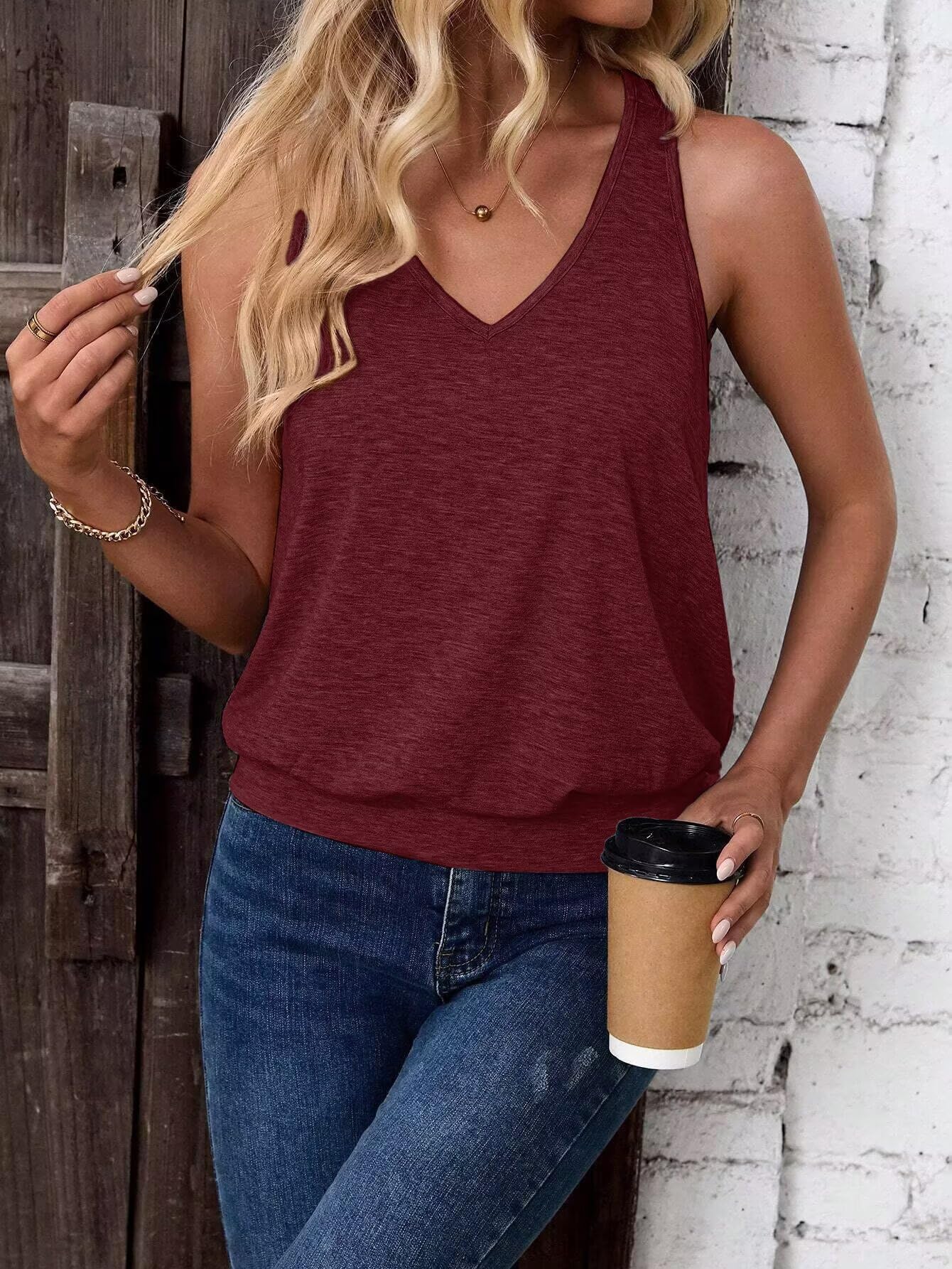 Burgundy-Women's Vest Casual V Neck Sleeveless Fashion Loose Camisole