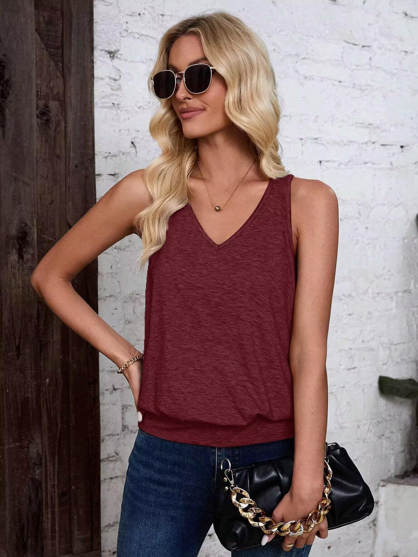 Burgundy-Women's Vest Casual V Neck Sleeveless Fashion Loose Camisole