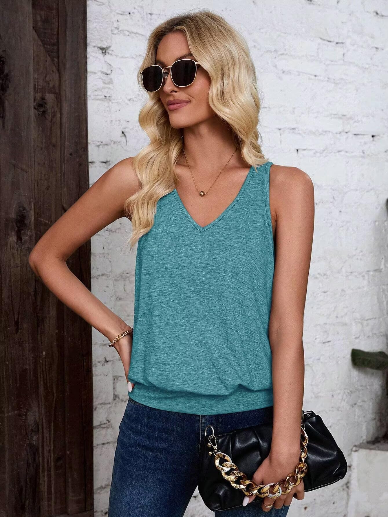 Light Green-Women's Vest Casual V Neck Sleeveless Fashion Loose Camisole