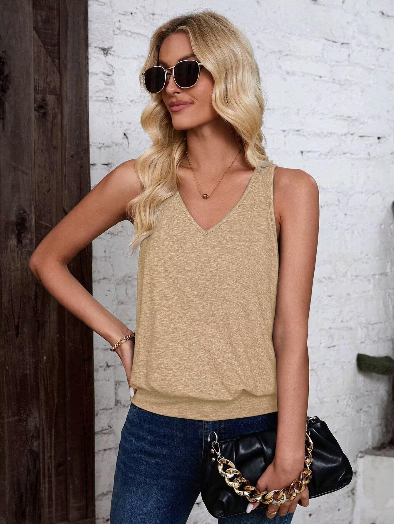 Light Khaki-Women's Vest Casual V Neck Sleeveless Fashion Loose Camisole